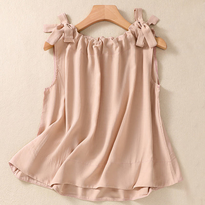 Buddha Stones Summer Solid Color Lace-up Patchwork Design Sleeveless Pleated Crew Neck Women's Cotton Vest - image 1