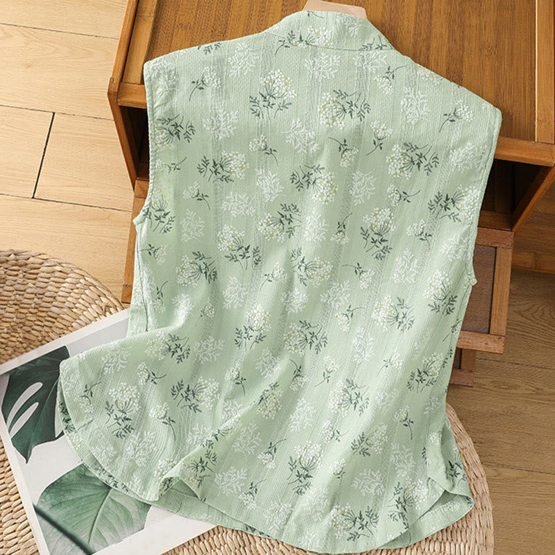 Buddha Stones Retro Printing Floral Plant Pattern Chinese Frog-Button Design Women's Cotton Sleeveless Vest - image 18