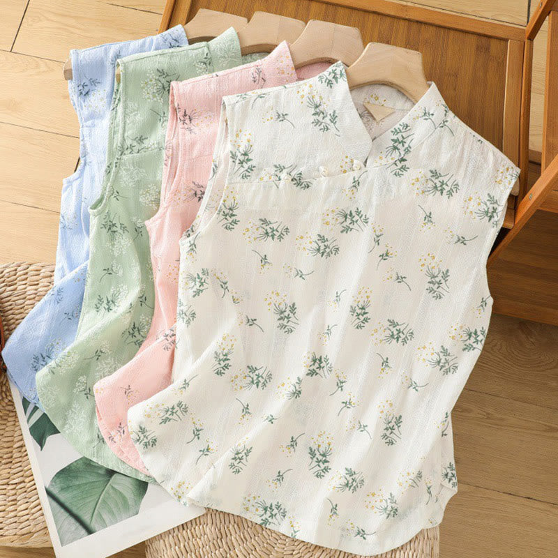 Buddha Stones Retro Printing Floral Plant Pattern Chinese Frog-Button Design Women's Cotton Sleeveless Vest - image 30