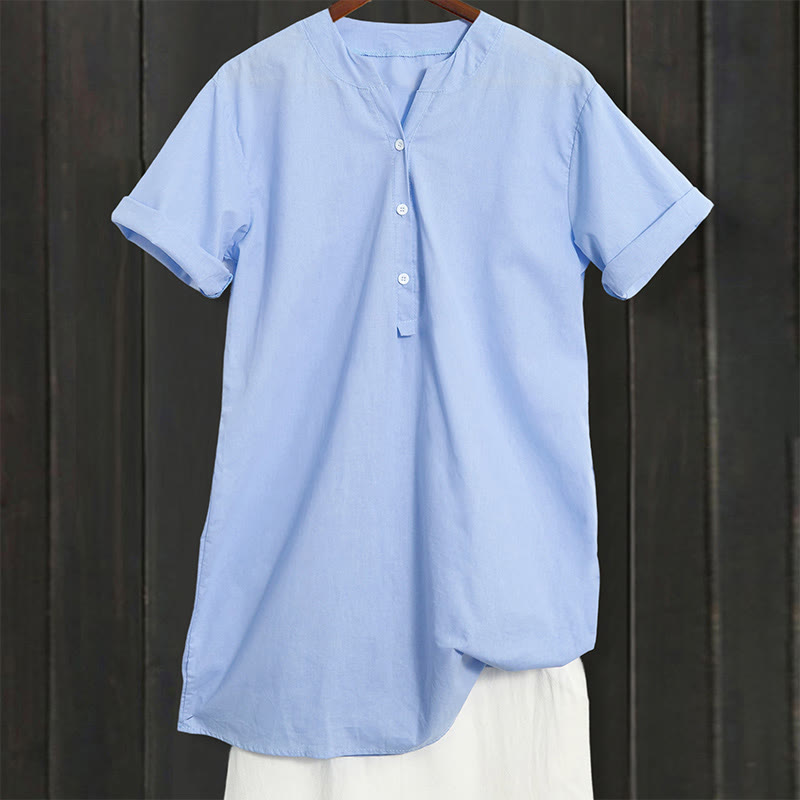Buddha Stones Casual Plain Button Notched Collar Women's Short Sleeve Shirt - image 7