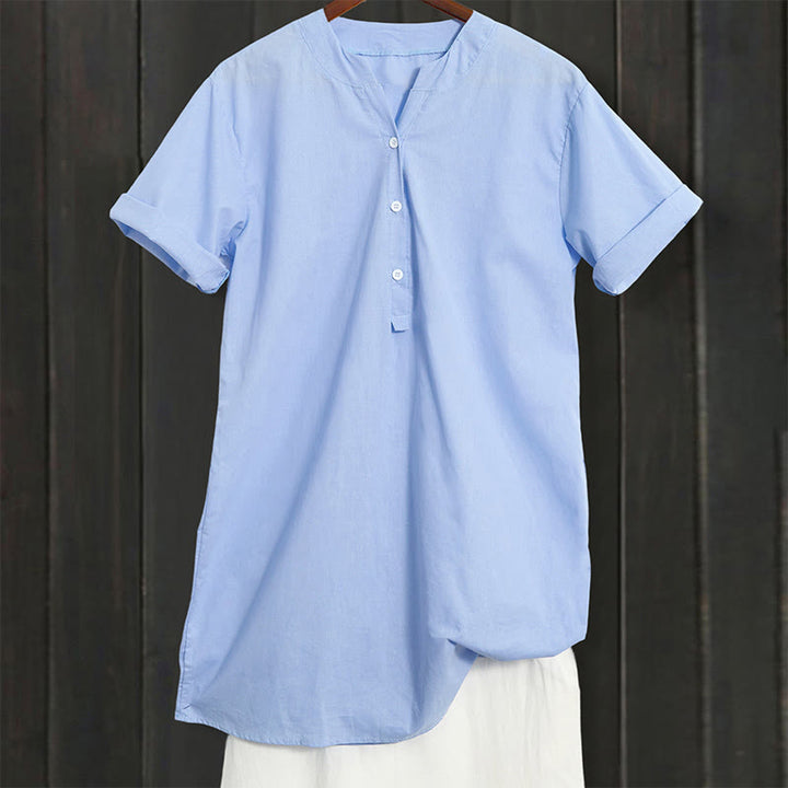 Buddha Stones Casual Plain Button Notched Collar Women's Short Sleeve Shirt - image 7