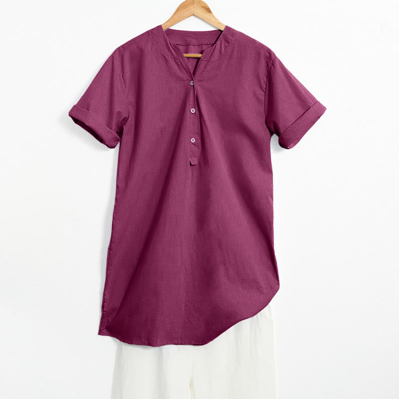 Buddha Stones Casual Plain Button Notched Collar Women's Short Sleeve Shirt - MediumVioletRed - US20，UK/AU24，EU52 (5XL) - image 20