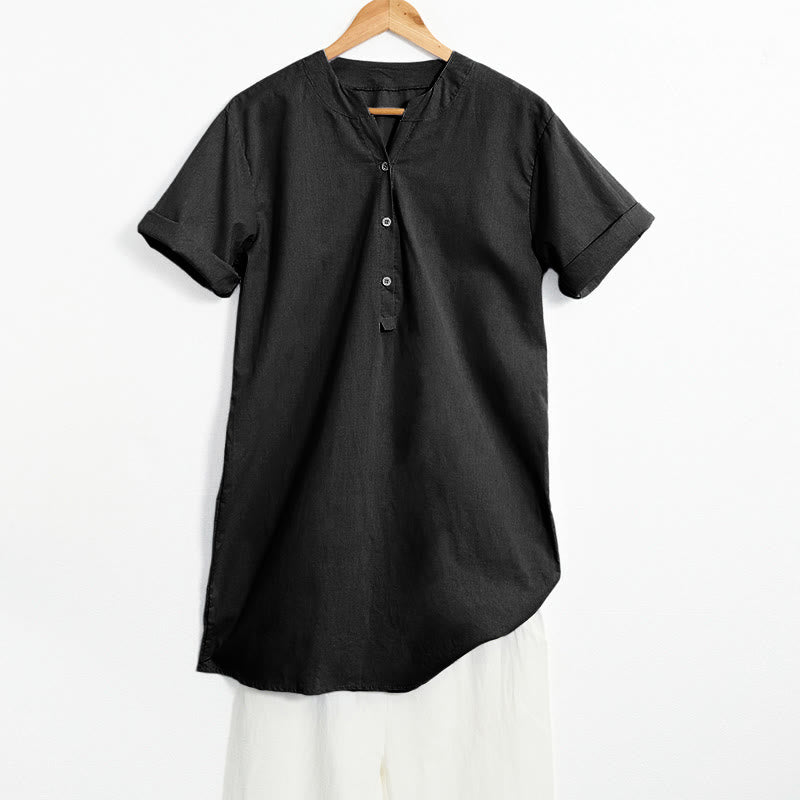 Buddha Stones Casual Plain Button Notched Collar Women's Short Sleeve Shirt - Black - US20，UK/AU24，EU52 (5XL) - image 50
