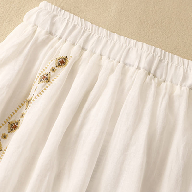 Buddha Stones Ethnic Vintage Embroidery Button Design Women's Cotton Linen 7-8 Length Skirt - image 6