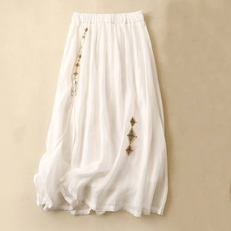 Buddha Stones Ethnic Vintage Embroidery Button Design Women's 7-8 Length Skirt - White - US8-10，UK/AU12-14，EU40-42 (2XL) - image 5