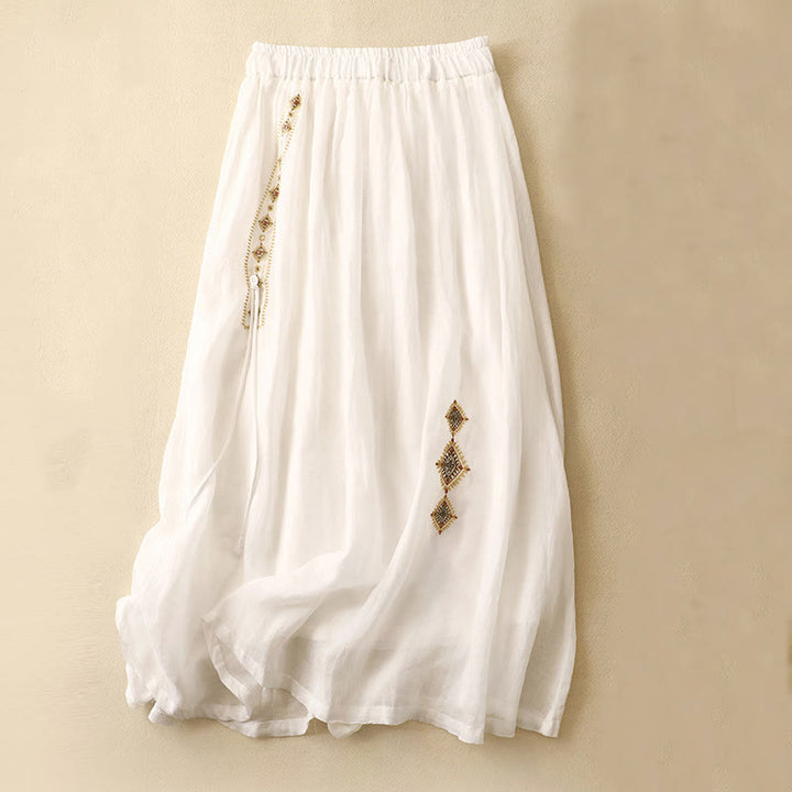 Buddha Stones Ethnic Vintage Embroidery Button Design Women's 7-8 Length Skirt - White - US8-10，UK/AU12-14，EU40-42 (2XL) - image 5
