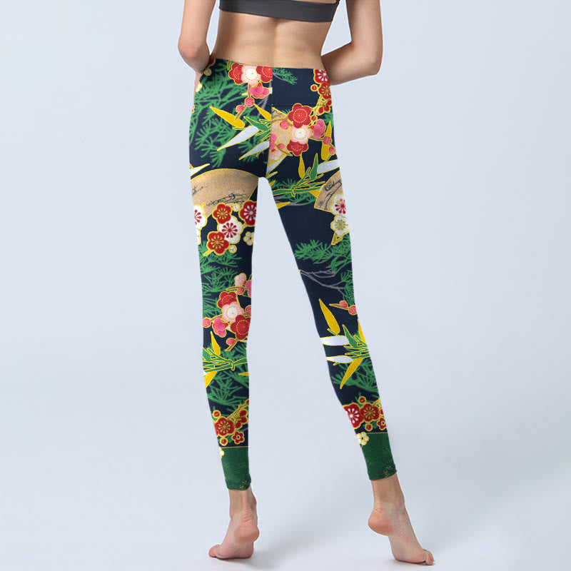 Buddha Stones Red Flowers Yellow-green Bamboo Pine Trees Print Gym Leggings Women's Yoga Pants - image 7
