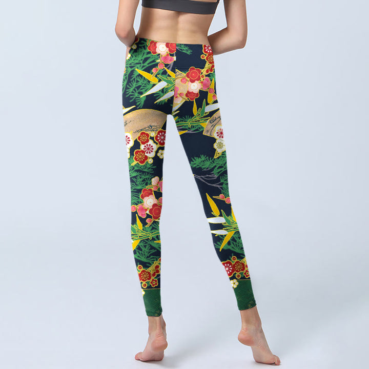Buddha Stones Red Flowers Yellow-green Bamboo Pine Trees Print Gym Leggings Women's Yoga Pants - image 7