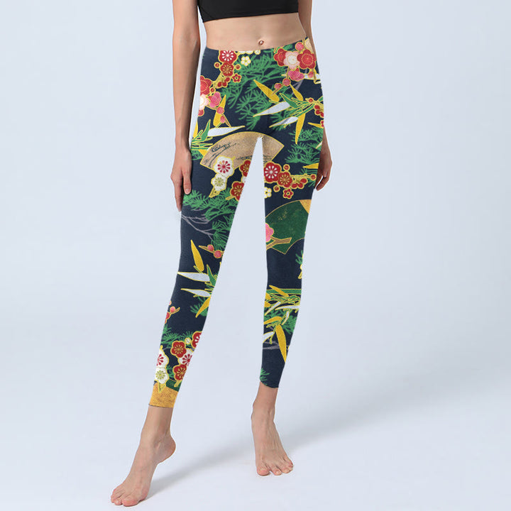 Buddha Stones Red Flowers Yellow-green Bamboo Pine Trees Print Gym Leggings Women's Yoga Pants - image 5