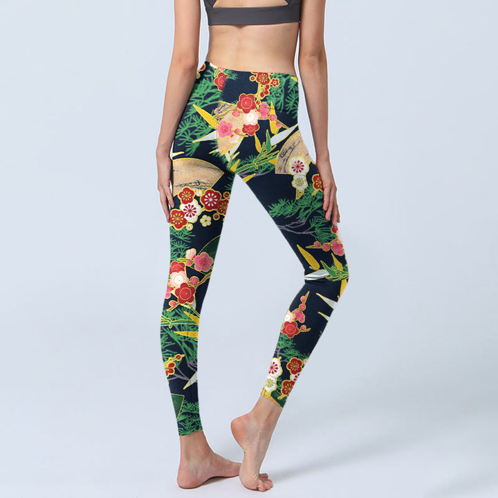 Buddha Stones Red Flowers Yellow-green Bamboo Pine Trees Print Gym Leggings Women's Yoga Pants - image 4