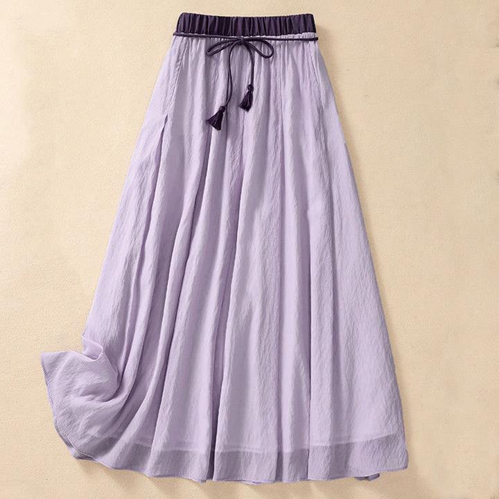 Buddha Stones Casual Contrasting Color Pleated Lace-Up Design Women's Cotton Linen 7-8 Length Skirt - Plum - US8-10，UK/AU12-14，EU40-42 (2XL) - image 16