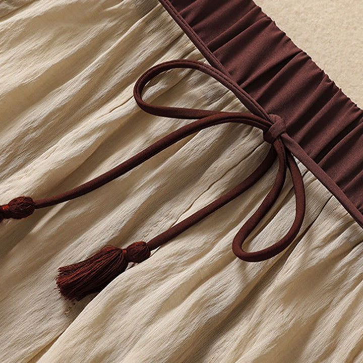 Buddha Stones Casual Contrasting Color Pleated Lace-Up Design Women's Cotton Linen 7-8 Length Skirt - image 3