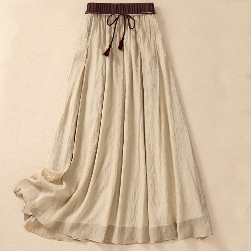 Buddha Stones Casual Contrasting Color Pleated Lace-Up Design Women's Cotton Linen 7-8 Length Skirt - PaleGoldenrod - US8-10，UK/AU12-14，EU40-42 (2XL) - image 0