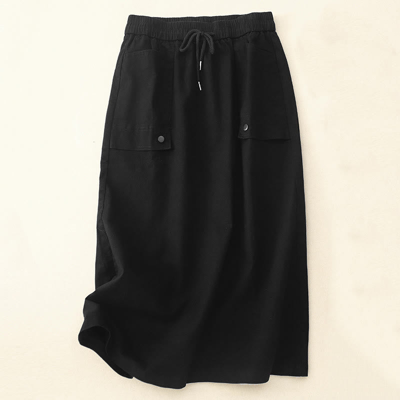 Buddha Stones Vintage Plain Drawstring Button Design Slide Slite Women's Cotton Linen 7-8 Length Skirt With Pockets - Black - US8-10，UK/AU12-14，EU40-42 (2XL) - image 7