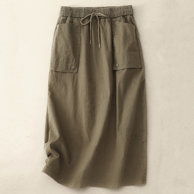 Buddha Stones Vintage Plain Drawstring Button Design Slide Slite Women's Cotton Linen 7-8 Length Skirt With Pockets - Olive - US8-10，UK/AU12-14，EU40-42 (2XL) - image 0