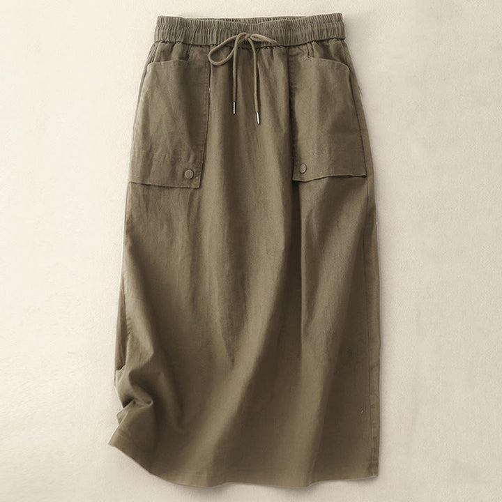 Buddha Stones Vintage Plain Drawstring Button Design Slide Slite Women's Cotton Linen 7-8 Length Skirt With Pockets - Olive - US8-10，UK/AU12-14，EU40-42 (2XL) - image 0