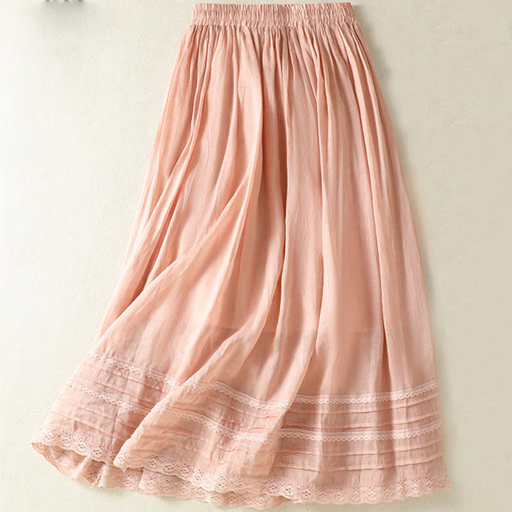 Buddha Stones Summer Plain Drawstring Lace Patchwork Design Women's Cotton Linen 7-8 Length Skirt