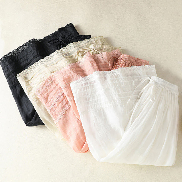 Buddha Stones Summer Plain Drawstring Lace Patchwork Design Women's Cotton Linen 7-8 Length Skirt - image 36