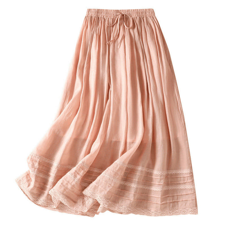 Buddha Stones Summer Plain Drawstring Lace Patchwork Design Women's Cotton Linen 7-8 Length Skirt - image 9