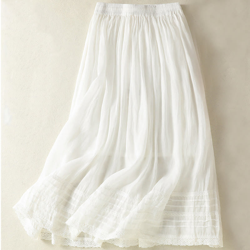 Buddha Stones Summer Plain Drawstring Lace Patchwork Design Women's Cotton Linen 7-8 Length Skirt - image 11