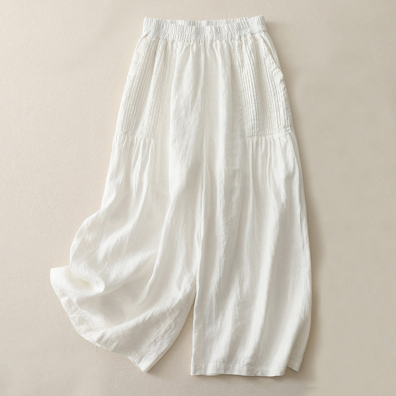 Buddha Stones Casual Plain Tucker Pleats Elastic Women's Polyester Wide Leg Pants With Pockets - White - US8-10，UK/AU12-14，EU40-42 (2XL) - image 5