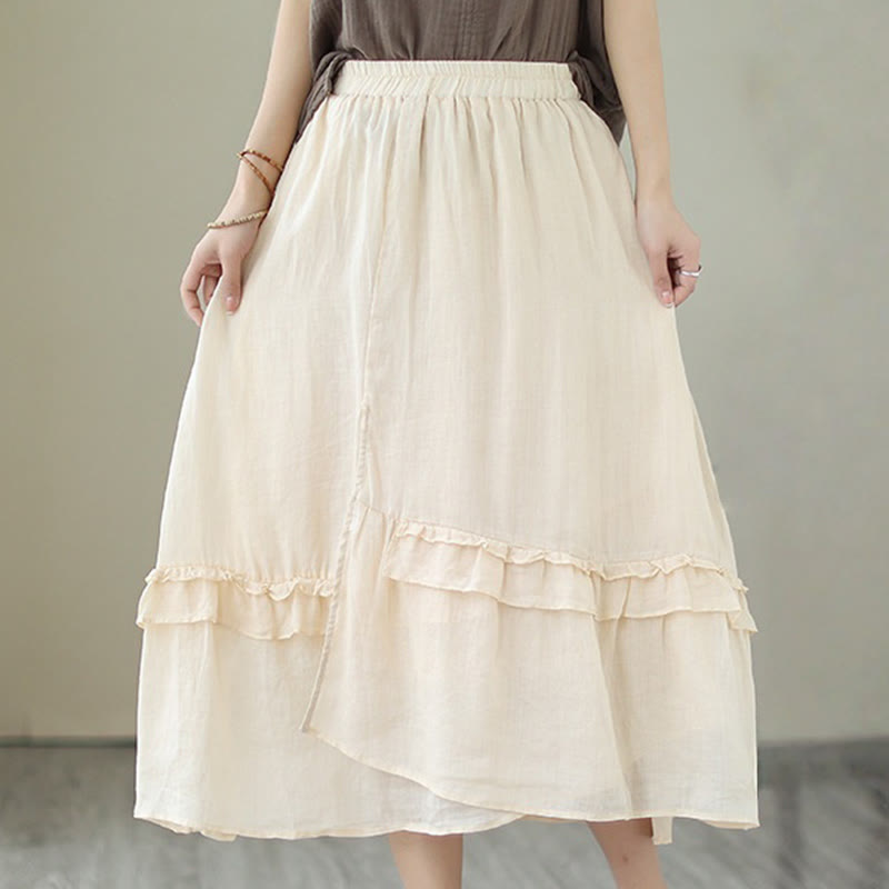 Buddha Stones Vintage Artistic Pure Color Ruffled Design Irregular Women's Cotton Linen Skirt - image 1
