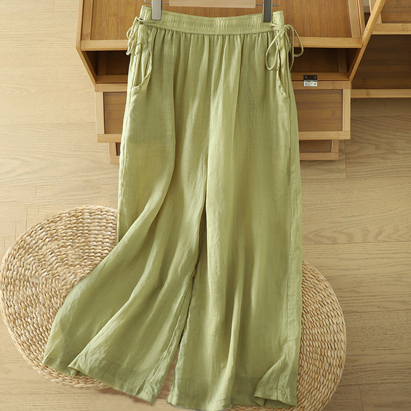 Buddha Stones Casual Plain Lined Ribbon Elastic Women's Polyester Wide Leg Pants With Pockets - YellowGreen - US8-10，UK/AU12-14，EU40-42 (2XL) - image 9