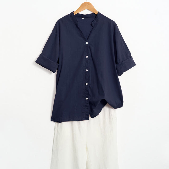 Buddha Stones Summer Casual Plain Breasted Notched Collar Short Sleeve Women's Cotton Linen Shirt - image 5
