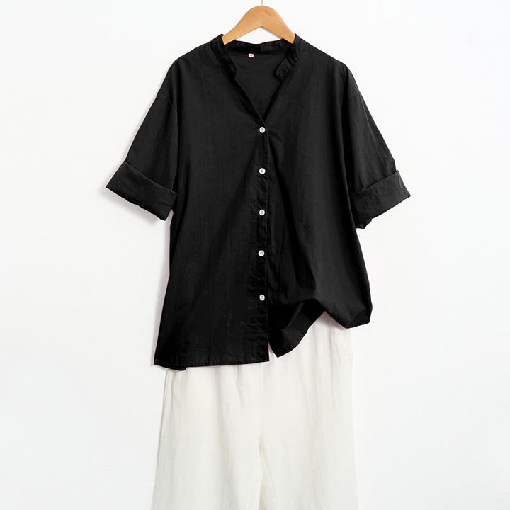Buddha Stones Summer Casual Plain Breasted Notched Collar Short Sleeve Women's Cotton Linen Shirt - image 11