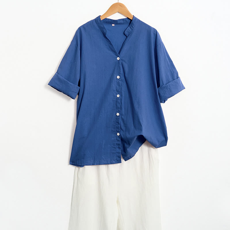 Buddha Stones Summer Casual Plain Breasted Notched Collar Short Sleeve Women's Cotton Linen Shirt - image 29