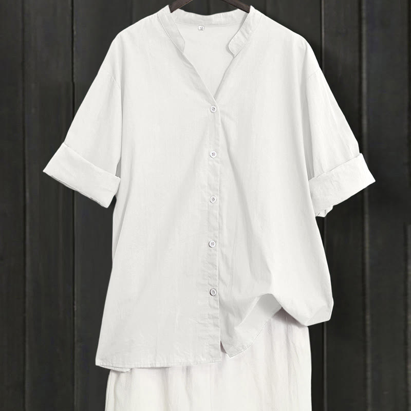 Buddha Stones Summer Casual Plain Breasted Notched Collar Short Sleeve Women's Cotton Linen Shirt - White - US20，UK/AU24，EU52 (5XL) - image 30