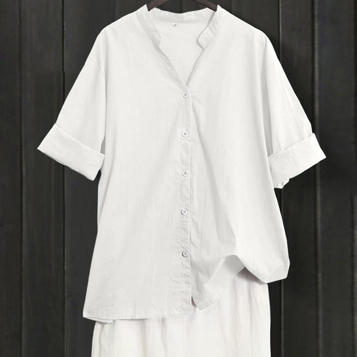 Buddha Stones Summer Casual Plain Breasted Notched Collar Short Sleeve Women's Cotton Linen Shirt - White - US20，UK/AU24，EU52 (5XL) - image 30