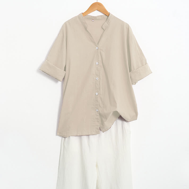 Buddha Stones Summer Casual Plain Breasted Notched Collar Short Sleeve Women's Cotton Linen Shirt - image 53