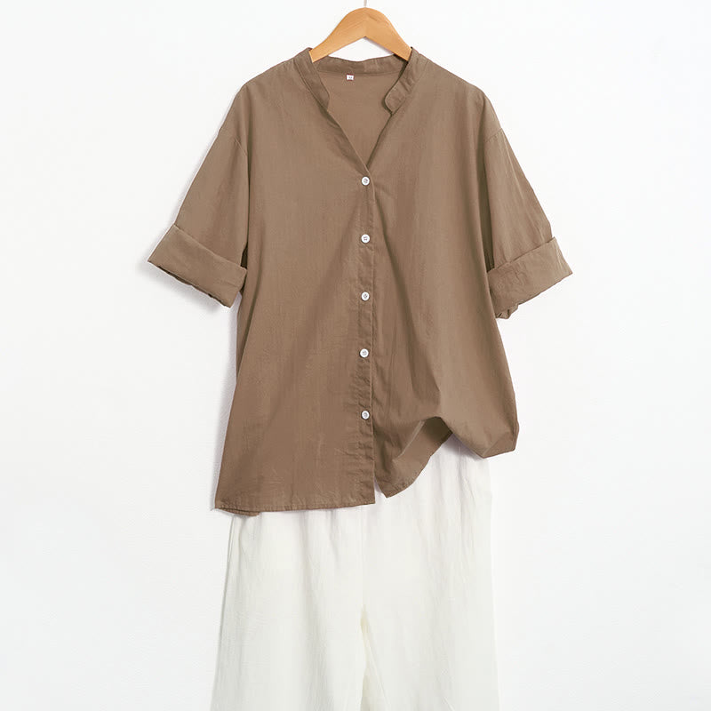 Buddha Stones Summer Casual Plain Breasted Notched Collar Short Sleeve Women's Cotton Linen Shirt - image 59