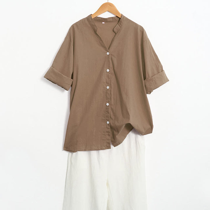 Buddha Stones Summer Casual Plain Breasted Notched Collar Short Sleeve Women's Cotton Linen Shirt - image 59