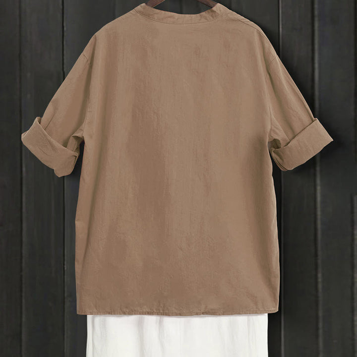 Buddha Stones Summer Casual Plain Breasted Notched Collar Short Sleeve Women's Cotton Linen Shirt - image 55