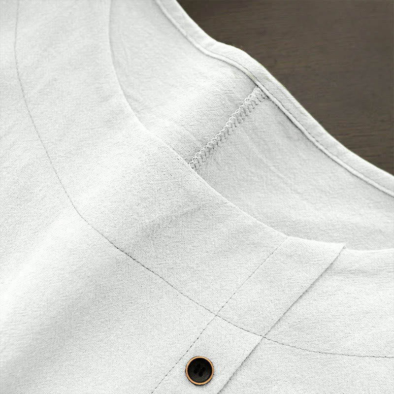 Buddha Stones Casual Summer Pure Color Jacquard Button Crew Neck Cotton Women's Short Sleeve T-Shirt - image 2