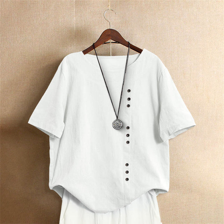 Buddha Stones Casual Summer Pure Color Jacquard Button Crew Neck Women's Short Sleeve T-Shirt - White - US18，UK/AU22，EU50 (5XL) - image 0