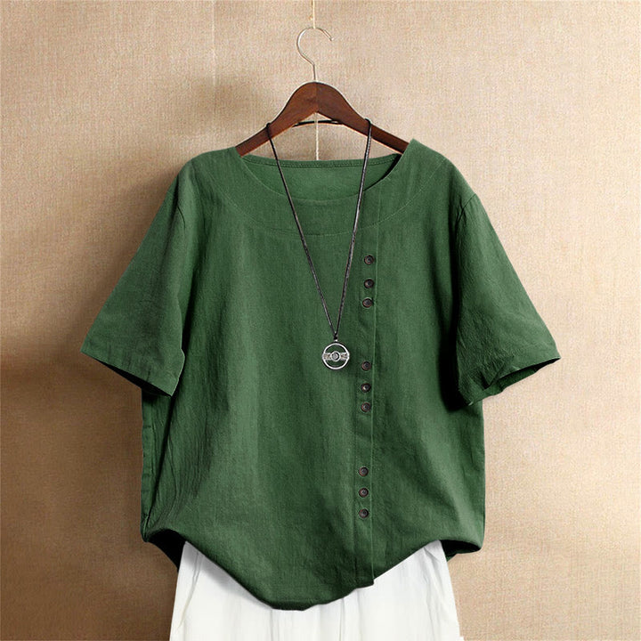 Buddha Stones Casual Summer Pure Color Jacquard Button Crew Neck Cotton Women's Short Sleeve T-Shirt - Green - US20，UK/AU24，EU52 (5XL) - image 5