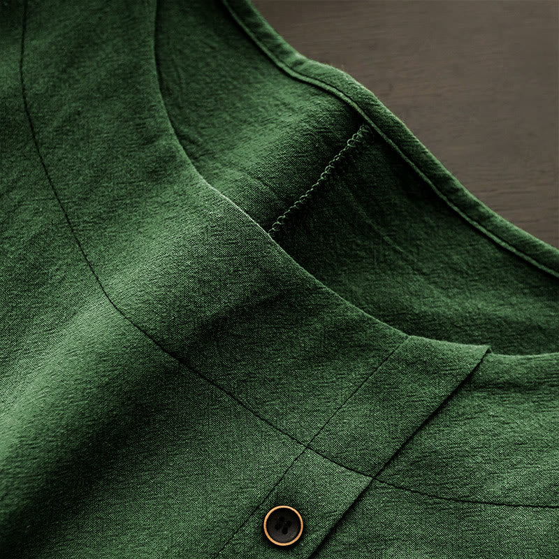 Buddha Stones Casual Summer Pure Color Jacquard Button Crew Neck Cotton Women's Short Sleeve T-Shirt - image 7