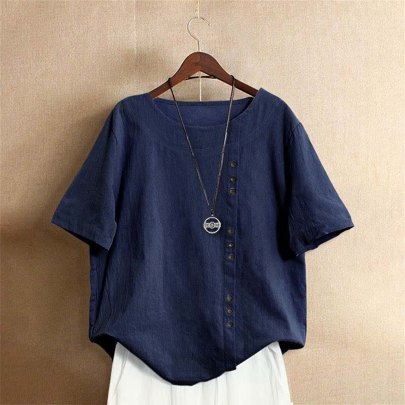 Buddha Stones Casual Summer Pure Color Jacquard Button Crew Neck Cotton Women's Short Sleeve T-Shirt - Navy - US20，UK/AU24，EU52 (5XL) - image 10