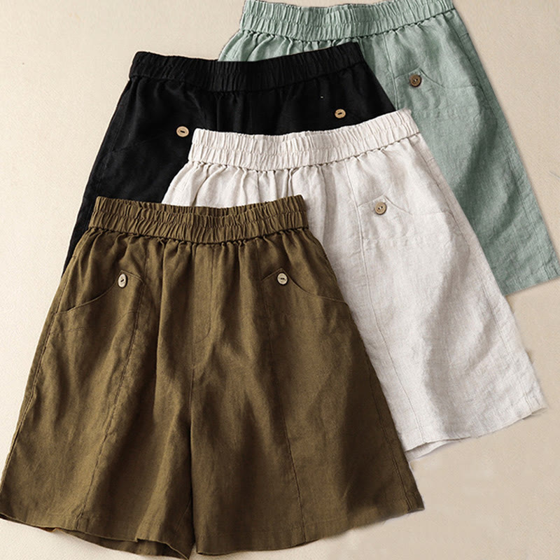 Buddha Stones Summer Casual Buttons Plain Cotton Women's Shorts With Pockets - image 26
