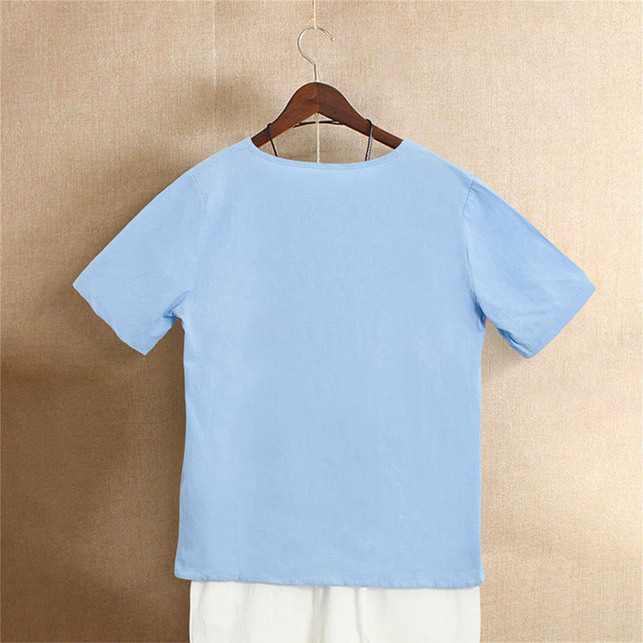 Buddha Stones Casual Summer Pure Color Jacquard Button Crew Neck Cotton Women's Short Sleeve T-Shirt - image 16