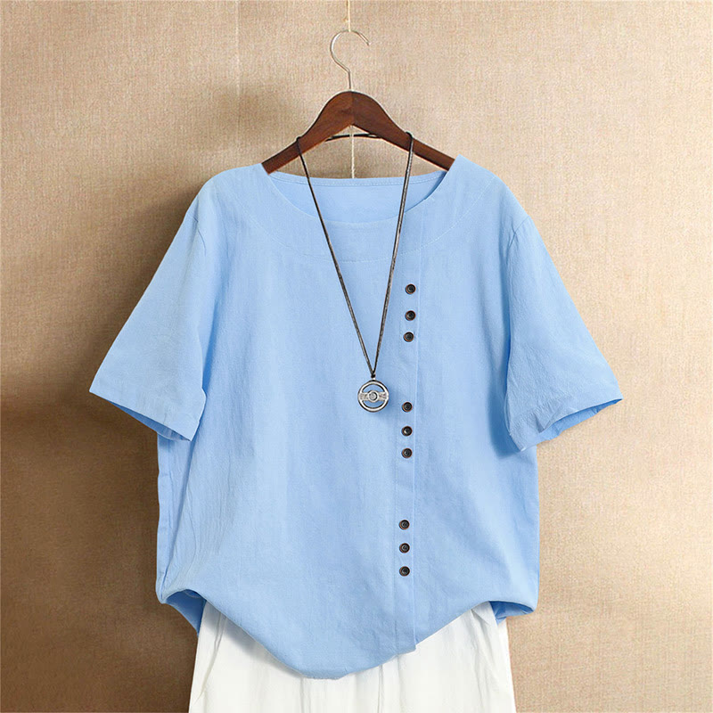 Buddha Stones Casual Summer Pure Color Jacquard Button Crew Neck Cotton Women's Short Sleeve T-Shirt - LightSkyBlue - US20，UK/AU24，EU52 (5XL) - image 15