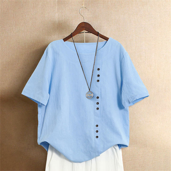 Buddha Stones Casual Summer Pure Color Jacquard Button Crew Neck Cotton Women's Short Sleeve T-Shirt - LightSkyBlue - US18，UK/AU22，EU50 (5XL) - image 15