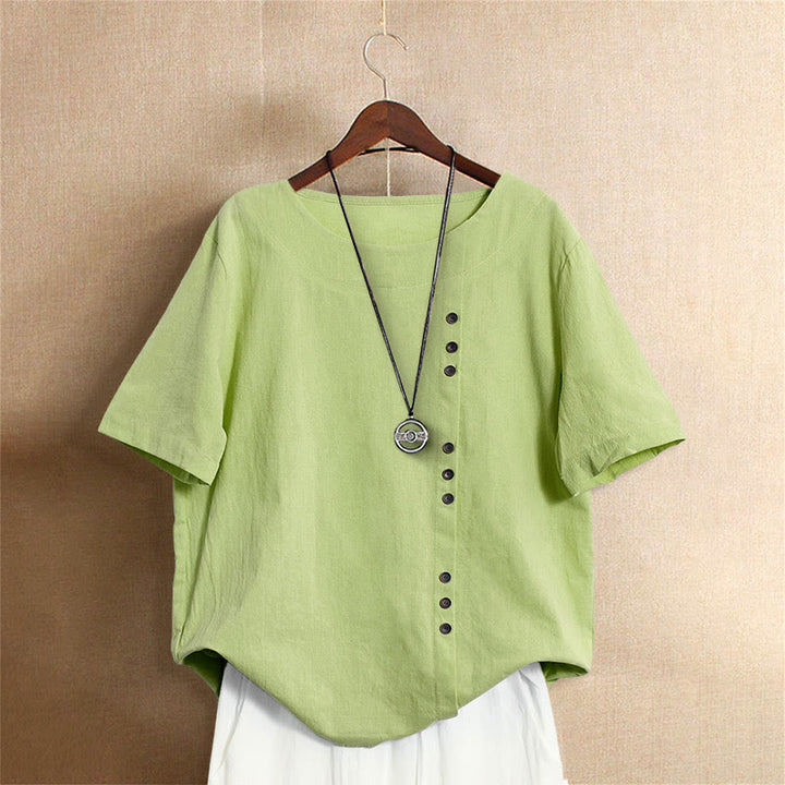 Buddha Stones Casual Summer Pure Color Jacquard Button Crew Neck Cotton Women's Short Sleeve T-Shirt - LightGreen - US18，UK/AU22，EU50 (5XL) - image 20