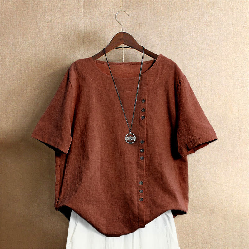 Buddha Stones Casual Summer Pure Color Jacquard Button Crew Neck Cotton Women's Short Sleeve T-Shirt - Sienna - US20，UK/AU24，EU52 (5XL) - image 25