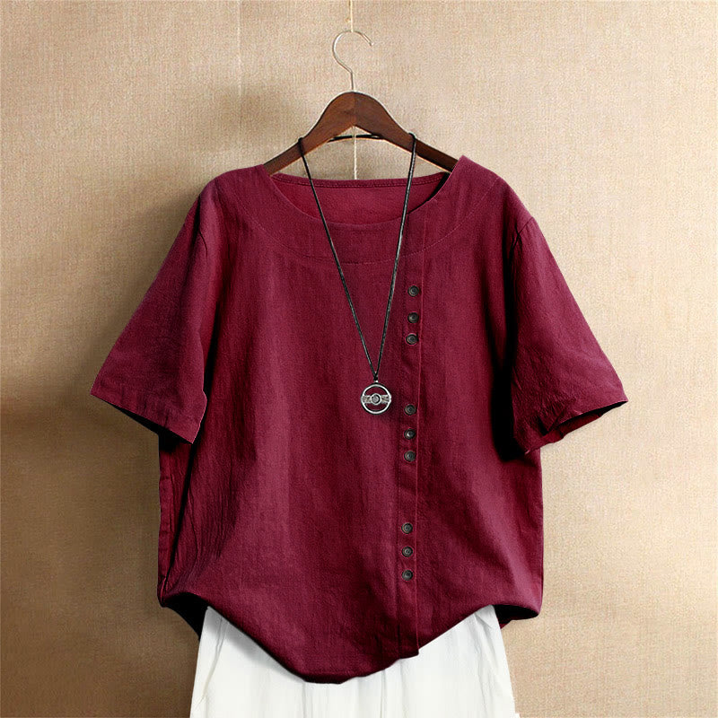 Buddha Stones Casual Summer Pure Color Jacquard Button Crew Neck Cotton Women's Short Sleeve T-Shirt - FireBrick - US20，UK/AU24，EU52 (5XL) - image 30