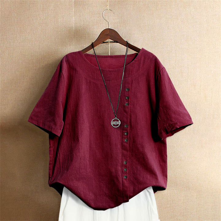 Buddha Stones Casual Summer Pure Color Jacquard Button Crew Neck Cotton Women's Short Sleeve T-Shirt - FireBrick - US20，UK/AU24，EU52 (5XL) - image 30