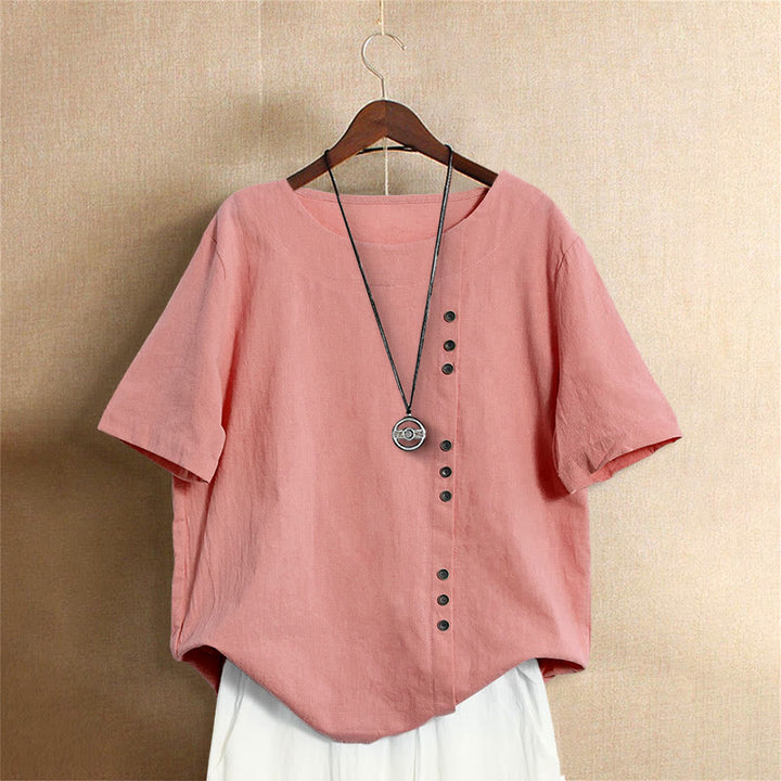 Buddha Stones Casual Summer Pure Color Jacquard Button Crew Neck Women's Short Sleeve T-Shirt - Salmon - US18，UK/AU22，EU50 (5XL) - image 35